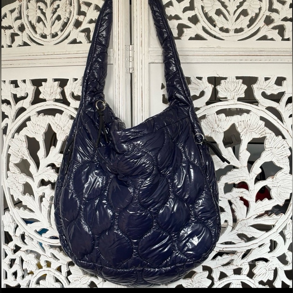 Free People Quilted Puffer Carryall Tote Shiny NAVY